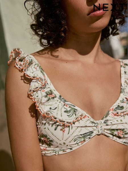 Ecru/Coral Trellis Palm Beaded Frill Crop Bikini Top (E51518) | €45