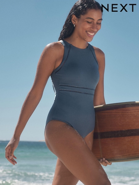 Steel Blue High Neck Tummy Control Shaping Swimsuit (E51544) | ₪133