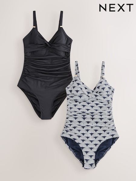 Black/Navy Fan Print Tummy Control Swimsuits 2 Pack (E51574) | €83