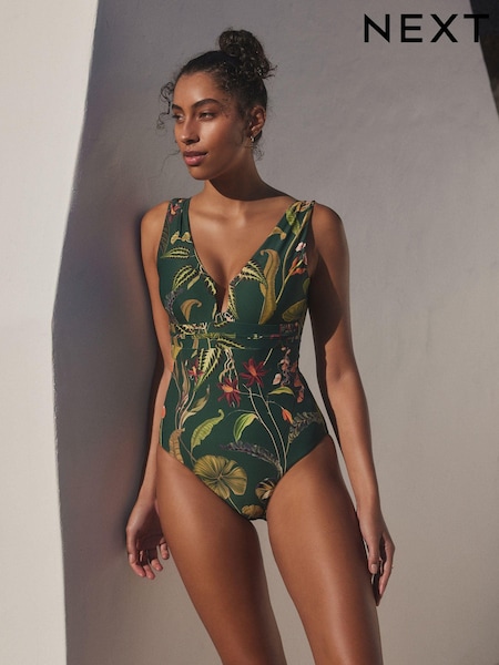Dark zelena rožast vzorec - Plunge Shaping Tummy Control Swimsuit (E51617) | € 43