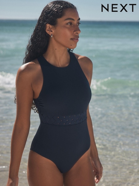 Navy Blue High Neck Lattice Tummy Control Swimsuit (E51626) | R$ 295