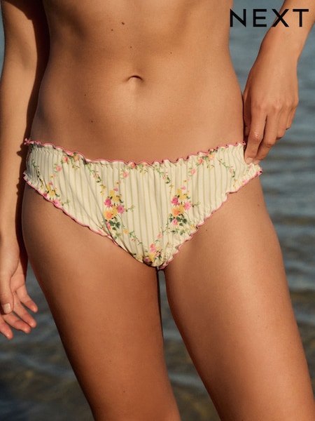 Cream/Vaaleanpunainen Raita - Floral Frill High Leg Bikini Bottoms (E51631) | €22