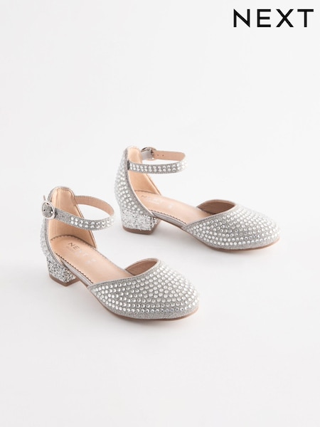 Silver Jewelled Occasion Ankle Strap Low Heel Shoes (E51679) | kr451 - kr568