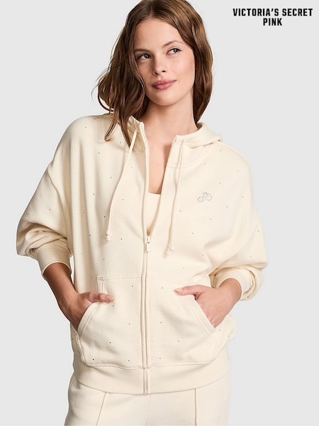 Victoria's Secret PINK White Shell Zip Up Diamante Fleece Hoodie (E51870) | €56