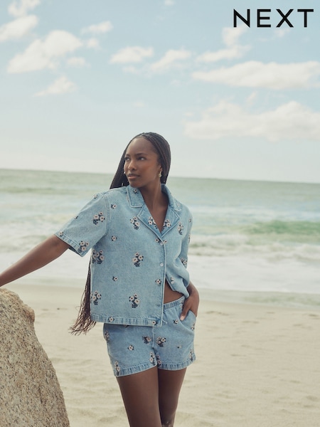 Blue Embroidered 100% Cotton Pull On Denim Shorts (E51977) | €45