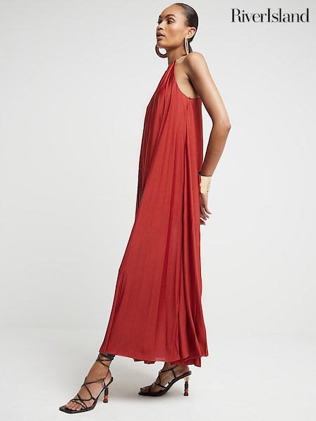 River Island Orange Rust Halter Neck Pleated Maxi Dress (E52179) | €31
