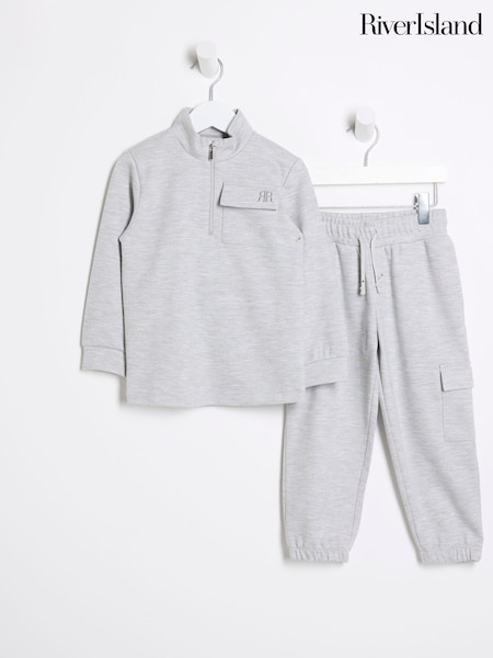 River Island Light Grey Boys Utility 100% Cotton Track Funnel and Joggers Set (E52200) | €23