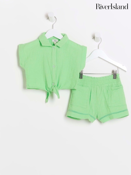 River Island Green Girls Cheese Cloth Tie 100% Cotton Shirt and Shorts Set (E52212) | € 14