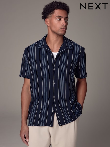 Blue Cuban Collar Textured Jersey Short Sleeve Shirt (E52488) | €37