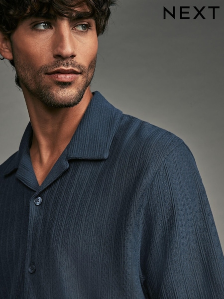 Navy Blue Cuban Collar Textured Jersey Short Sleeve Shirt (E52489) | R$ 325