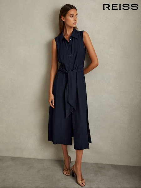 Reiss Navy Morgan Petite Viscose Blend Belted Shirt Dress (E52496) | €95