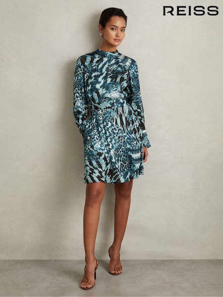 Reiss Teal Ester Printed Belted Tie Neck Mini Dress (E52504) | $321
