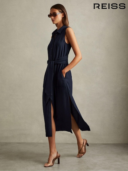 Reiss Navy Morgan Viscose Blend Belted Shirt Dress (E52510) | €83