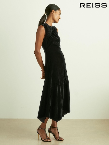 Reiss Black Blakely Velvet Shirred Panel Midi Dress (E52512) | 1,970 QAR