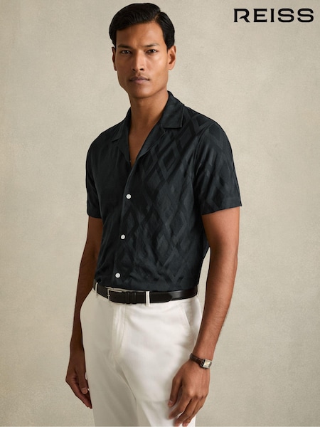 Reiss Navy Carter Geometric-Jacquard Cuban-Collar Shirt (E52831) | AED562