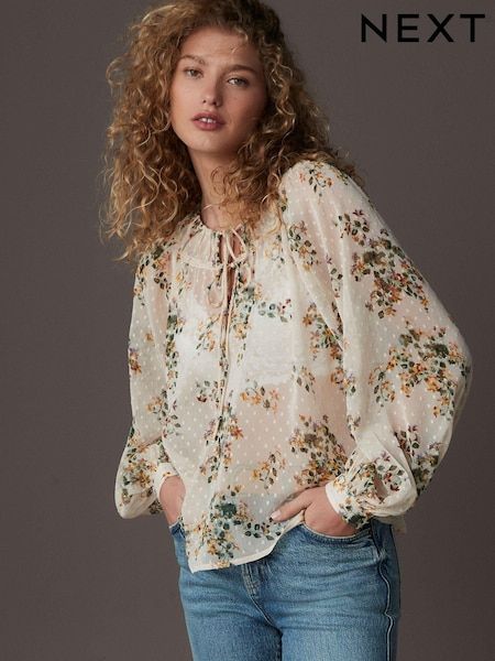 Ecru Natural Print Sheer Tie Neck Long Sleeve Blouse (E52871) | 777 UAH