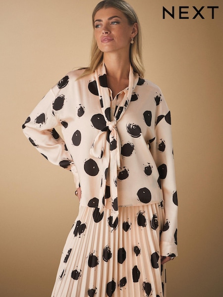 Ecru Spot Tie Neck Drape Blouse (E52876) | 1,625 UAH