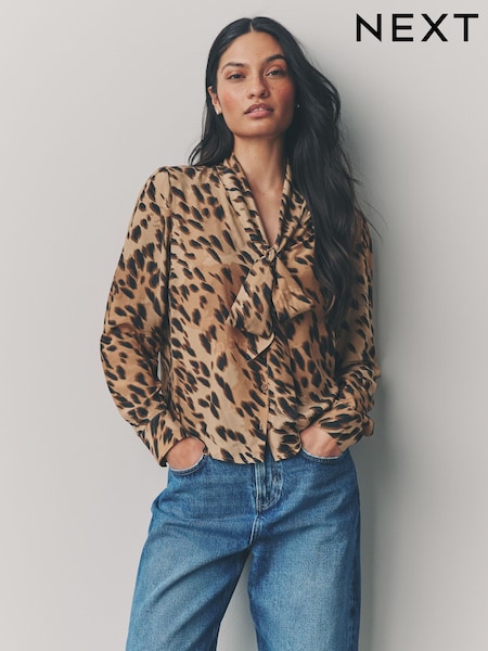 Leopard Print Tie Neck Drape Blouse (E52878) | 1,625 UAH