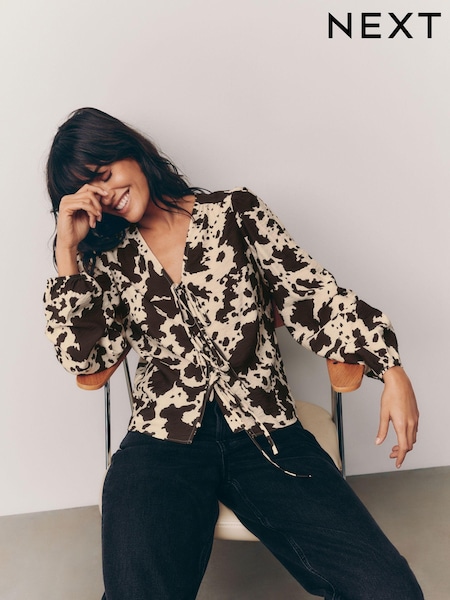Cow Print Tie Front Long Sleeve Blouse (E52880) | 1,237 UAH