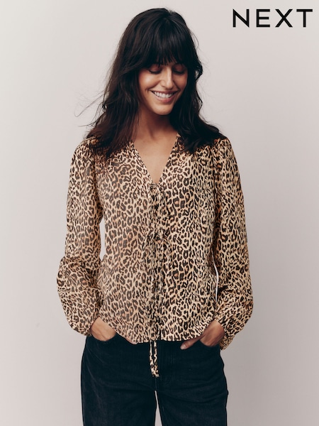 Leopard Tie Front Long Sleeve Blouse (E52881) | 1,237 UAH
