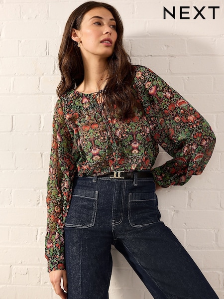 Morris & Co. Green Floral Lodden Print Sheer Tie Neck Long Sleeve Blouse (E52884) | €27