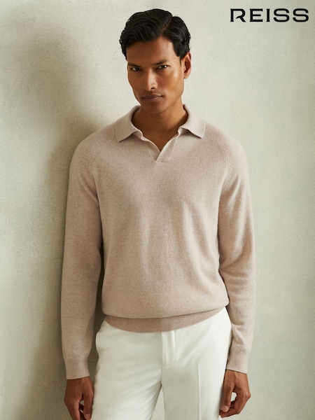 Reiss Oatmeal Grange Wool-Cashmere Open-Collar Polo Shirt (E53249) | $240