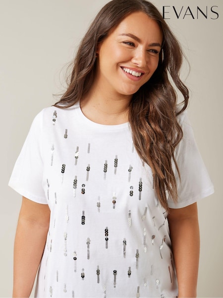 Evans Sequin Embellished White T-shirt (E53269) | ‏14 ر.ع.‏