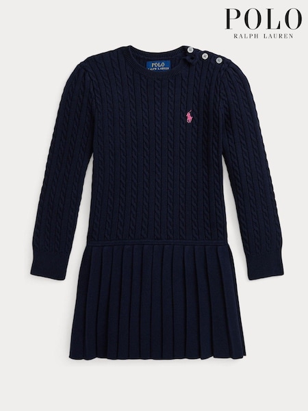 Navy - Polo Ralph Lauren Girls Cable Knit Pleated 100% Cotton Dress (E53312) | 605 LEI