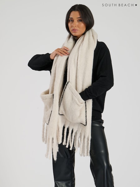 South Beach White Fluffy Pocket Scarf With Contrast Stitch (E53370) | €17.50