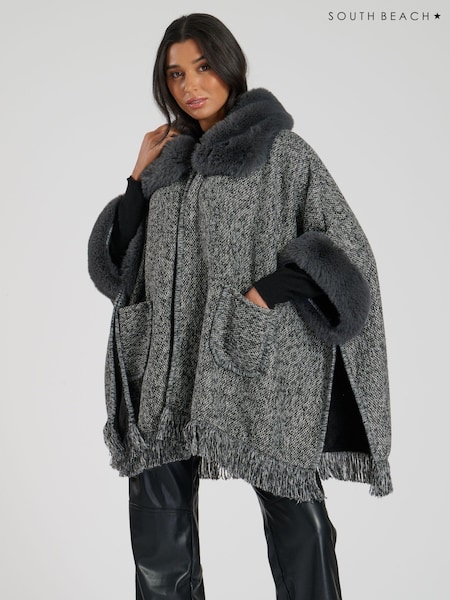 South Beach Grey Faux Fur Poncho (E53371) | 121 QAR