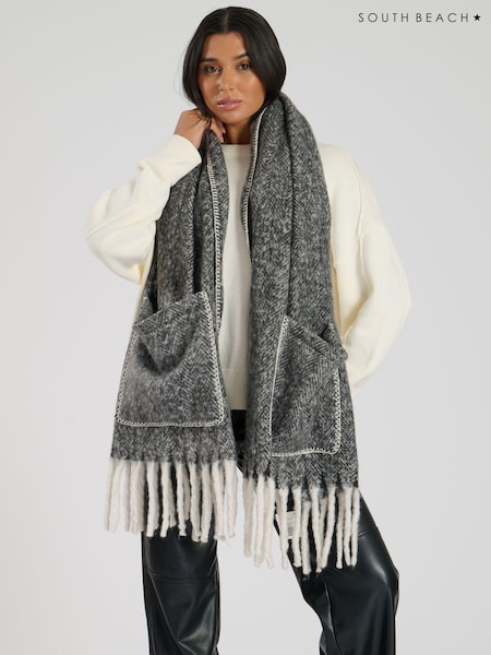 South Beach Chevron Fluffy Pocket Scarf With Contrast Stitch (E53373) | 85 LEI
