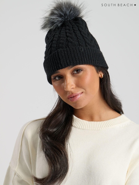 South Beach Black Cable Knit Hat With Silver Faux Fur Pom (E53377) | €7.50