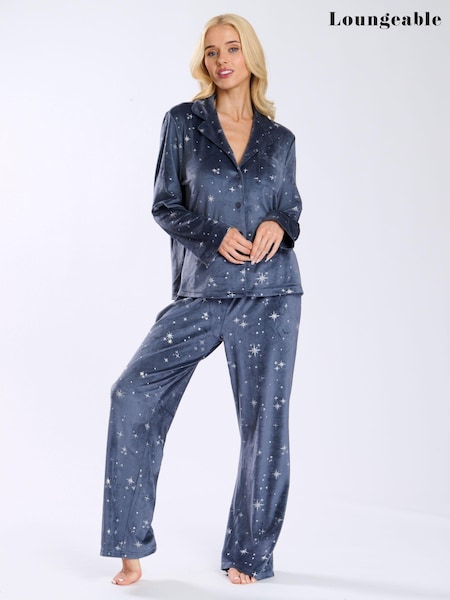 Loungeable Blue Super Soft Velour Star Foil Print Buttoned Pyjamas (E53433) | AED99