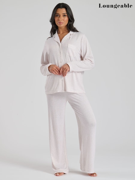 Loungeable Brown Marl Brushed Rib Long Sleeve Buttoned Pyjamas (E53434) | €23