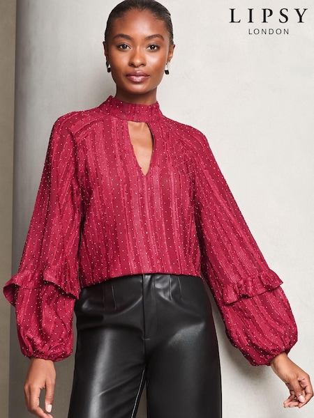 Lipsy Red Chiffon Burnout Keyhole Blouse (E53442) | 101 QAR