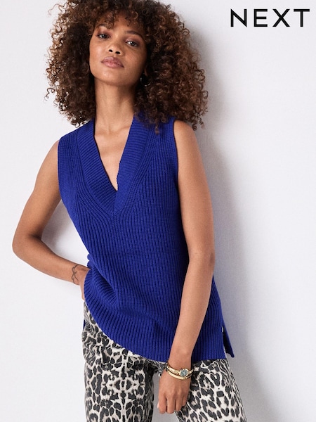 Cobalt Blue Longline Sleeveless Ribbed V-Neck Knitted Tank Vest Top (E53495) | €14