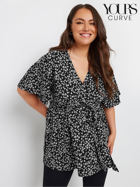 Yours Curve Black Wrap Texture Top (E53668) | 144 QAR