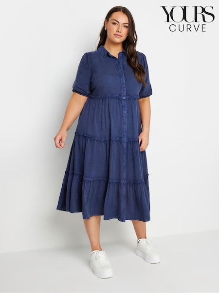 Yours Curve Blue Button Front Chambray Midi 100% Cotton Dress (E53697) | ₪171