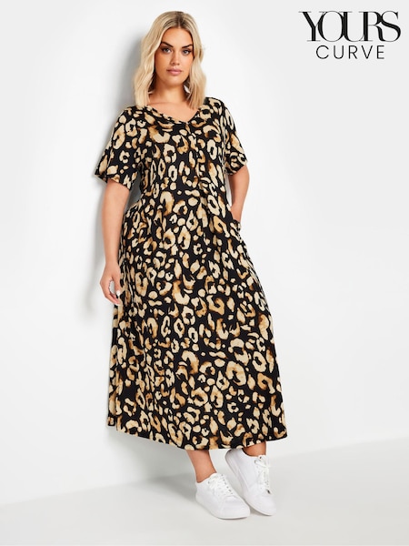 Yours Curve Leopard Print Short Sleeve Pleated Front Maxi Dress (E53700) | €58
