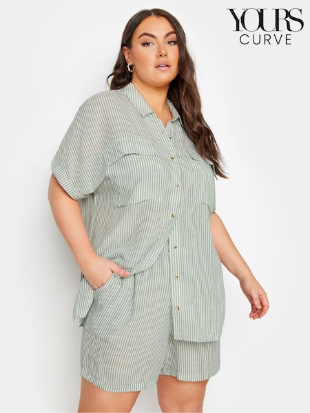 Yours Curve Green Short Sleeve Linen Pinstripe Shirt (E53723) | 1,742 UAH