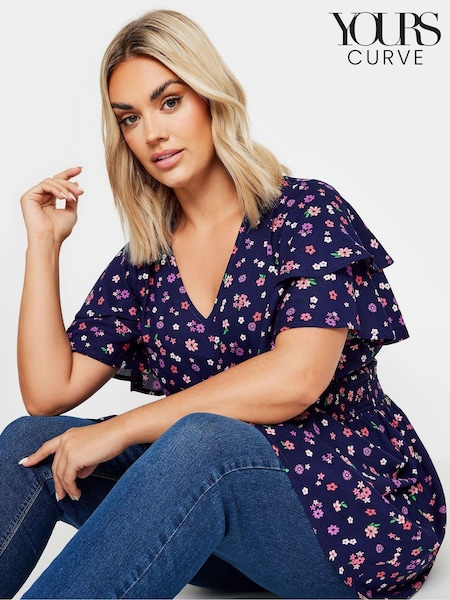 Yours Curve Blue Flutter Sleeve V Top (E53725) | €35
