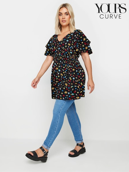 Yours Curve Black Ditsy Print Flutter Sleeve Peplum Top (E53731) | €35