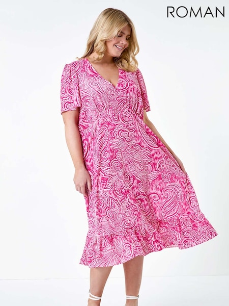 Roman Pink Paisley Tiered Frill Midi Dress (E53766) | R$ 510