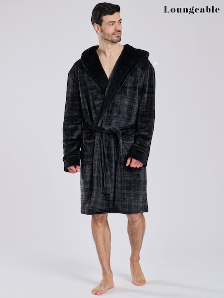 Loungeable Black Check Fleece Hooded Robe (E53829) | €24