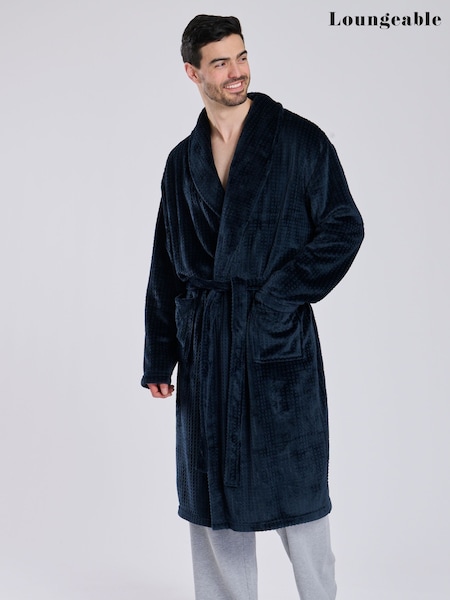 Loungeable Blue Waffle Cut Fleece Shawl Collar Dressing Gown (E53832) | $50