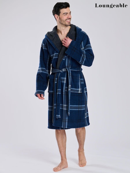Loungeable Blue Check Bonded Fleece Lined Hooded Dressing Gown (E53836) | AED210