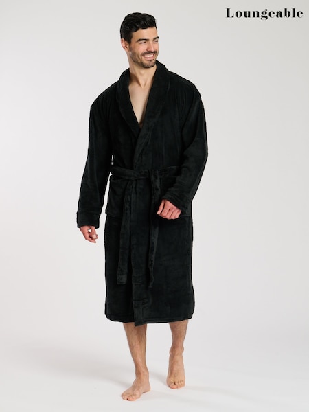 Loungeable Black Waffle Cut Fleece Shawl Collar Dressing Gown (E53847) | $47