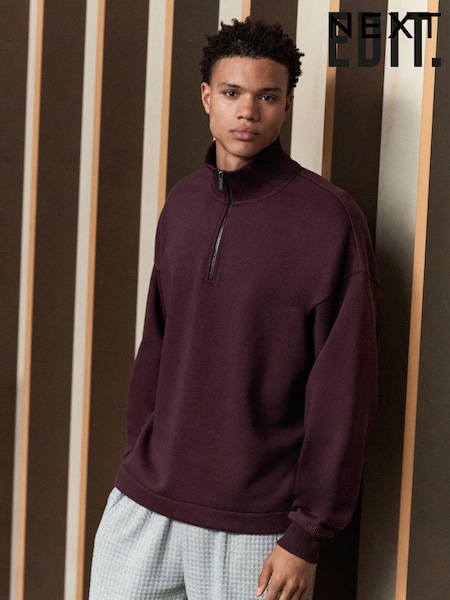 Burgundy Red EDIT Zip Neck Sweatshirt (E53893) | AED70