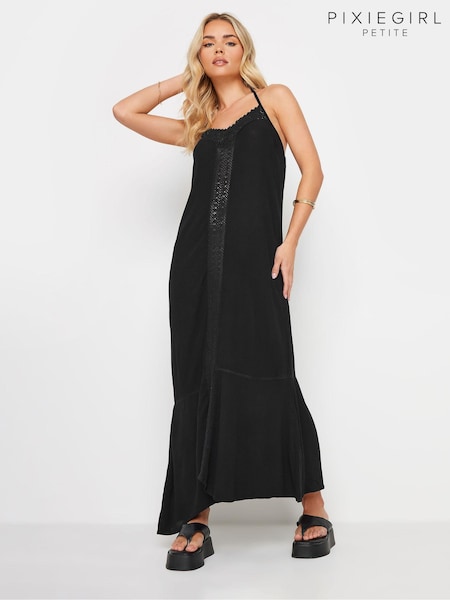 PixieGirl Petite Black Crochet Trim Halter Maxi Dress (E53918) | 1,862 UAH