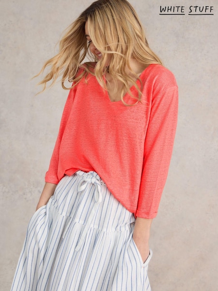 White Stuff Pink Isla 100% Linen V-Neck T-Shirt (E53951) | €24
